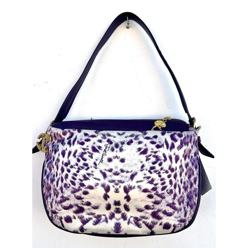 NWT JUST CAVALLI Purple Leopard Shoulder Bag Y2K Gold JC Logo Charm Leather Trim